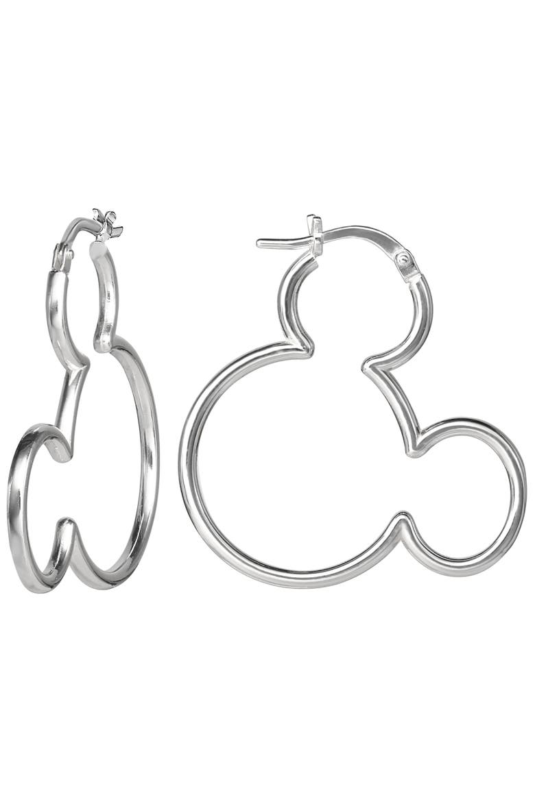 Mickey Mouse Sterling Silver Outline Hoop Earrings, Main, color, Silver