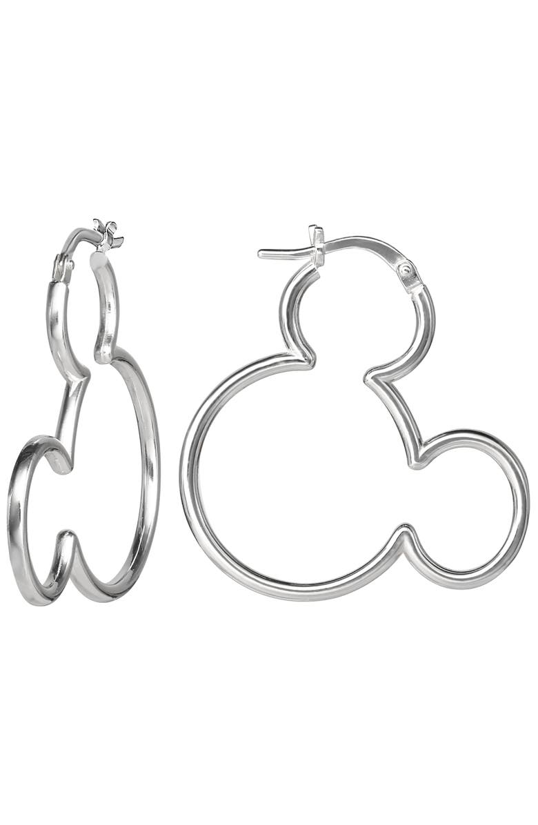 Disney Mickey Mouse Sterling Silver Outline Hoop Earrings, Main, color, Silver