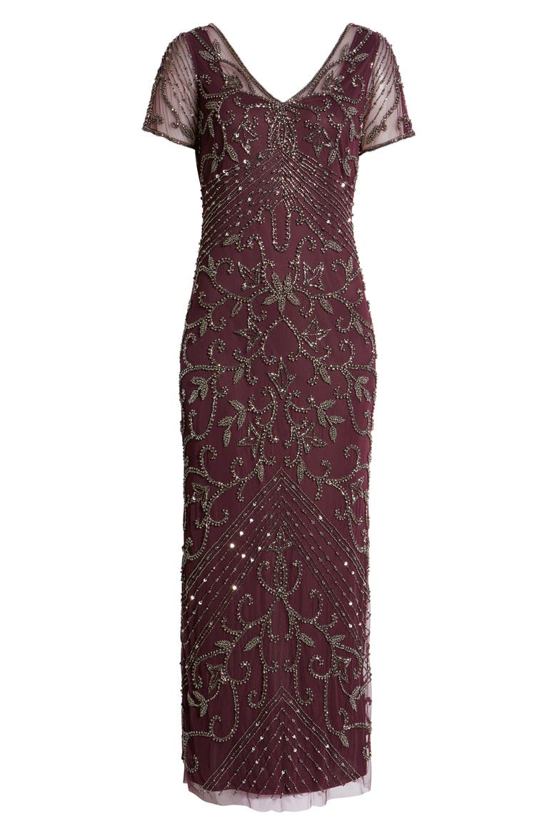 Beaded Mesh Column Gown, Alternate, color, WINE 601