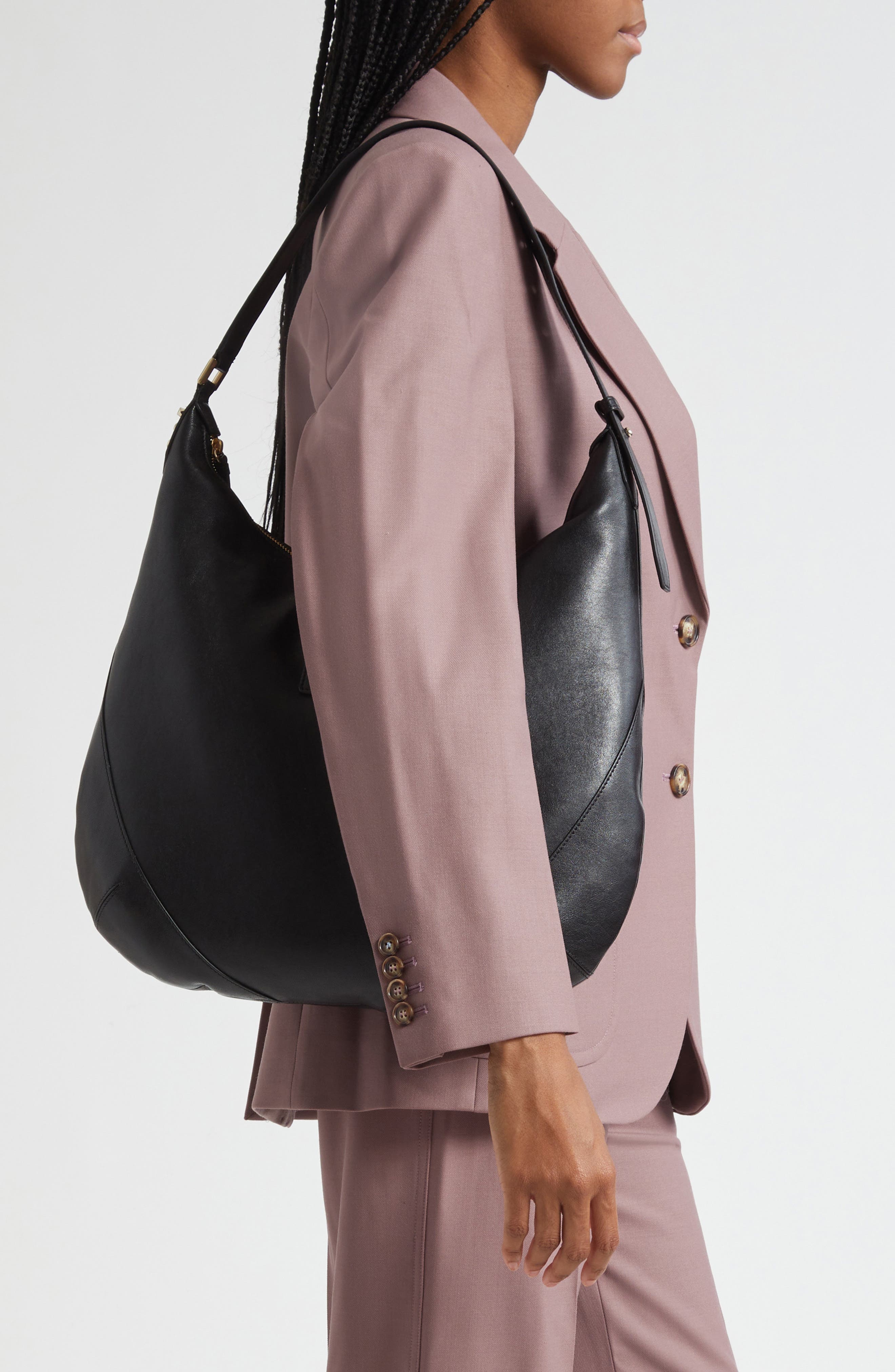 Bar Medium Leather Hobo Shoulder Bag, Alternate, color, BLACK/ SHINY GOLD