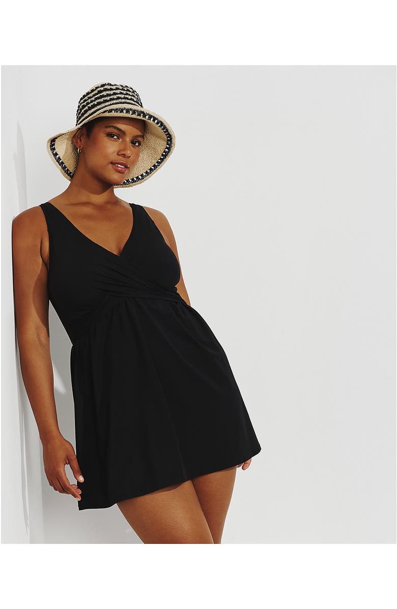 Lands' End SlenderSuit V-neck Wrap Swim Dress One Piece Swimsuit Adjustable Straps, Alternate, color, Black