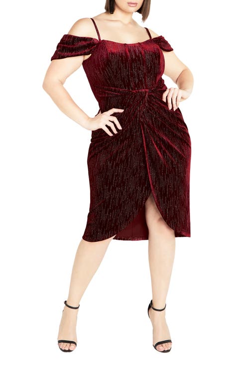 Jayla Glitter Stripe Cold Shoulder Velour Cocktail Dress (Plus)