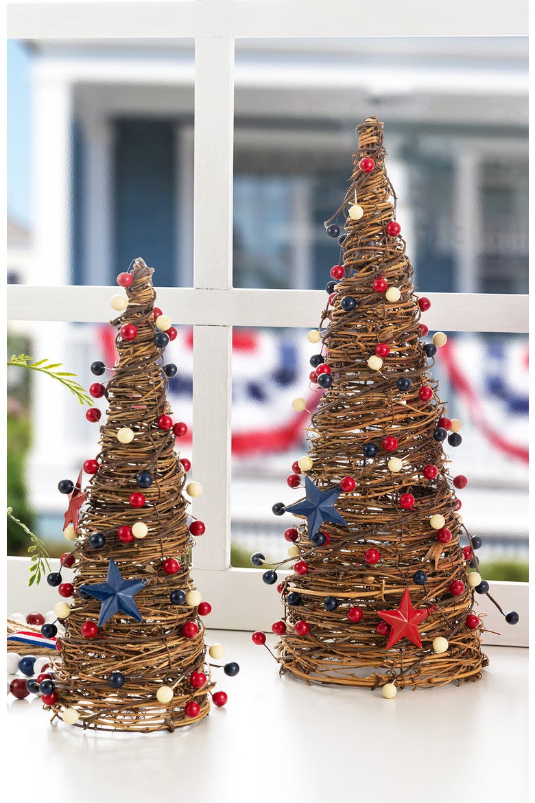 Set of 2 Patriotic Americana Rattan Stars & Berry Cone Table Tree, Alternate, color, Blue