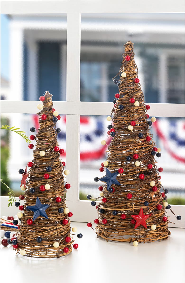 Glitzhome Set of 2 Patriotic Americana Rattan Stars & Berry Cone Table Tree, Alternate, color, Blue