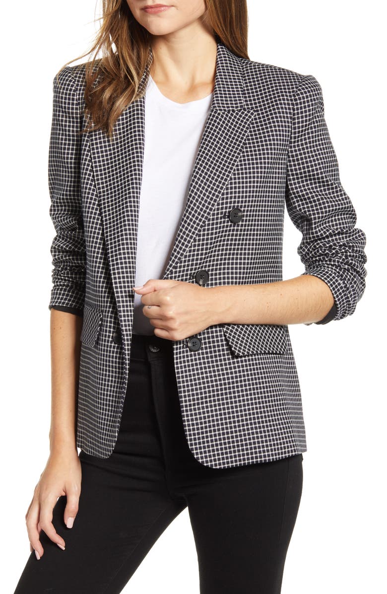 1.STATE Ruched Sleeve Windowpane Blazer, Main, color, 