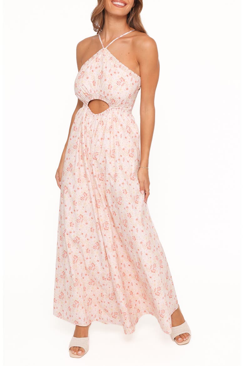 Madeira Floral Cutout Halter Neck Jumpsuit, Main, color, PEACH DITSY FLORAL