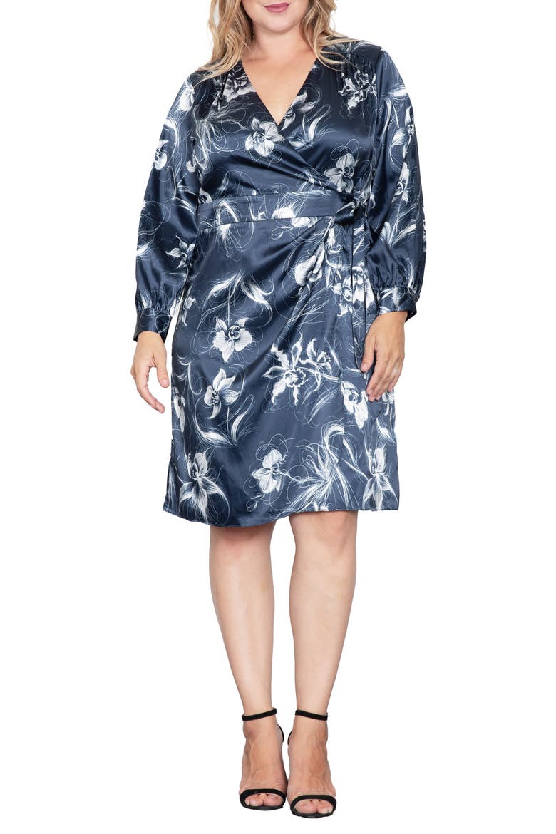 Floral Print Long Sleeve Faux Wrap Satin Dress, Main, color, NAVY ORCHID
