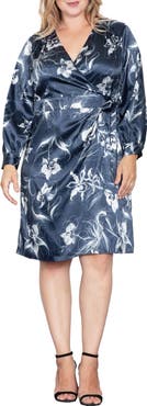 Standards & Practices Floral Print Long Sleeve Faux Wrap Satin Dress