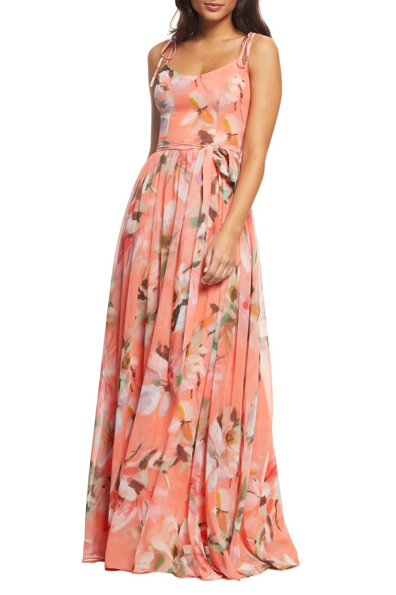 Hollie Floral Maxi Dress, Main, color, CORAL/ PINK WATERCOLOR