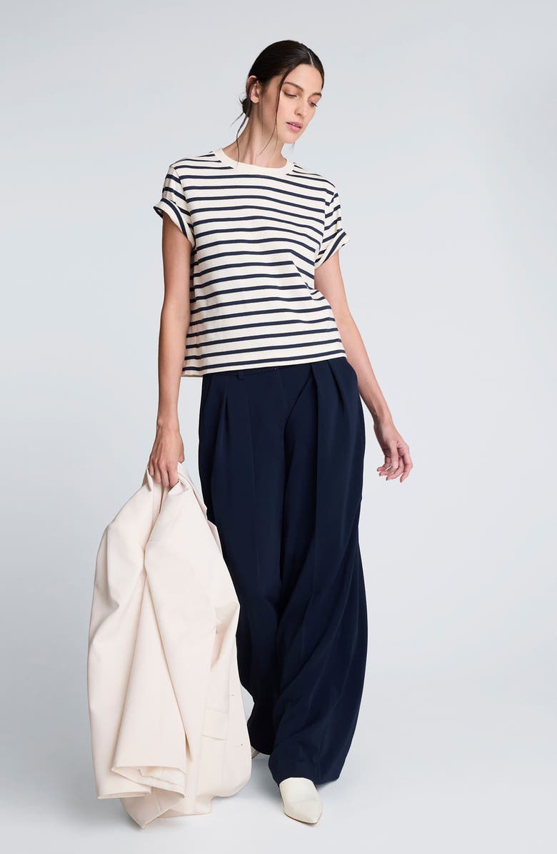 Kenneth Cole Stripe Boxy Cotton T-Shirt, Alternate, color, Oyster/ Dark Navy