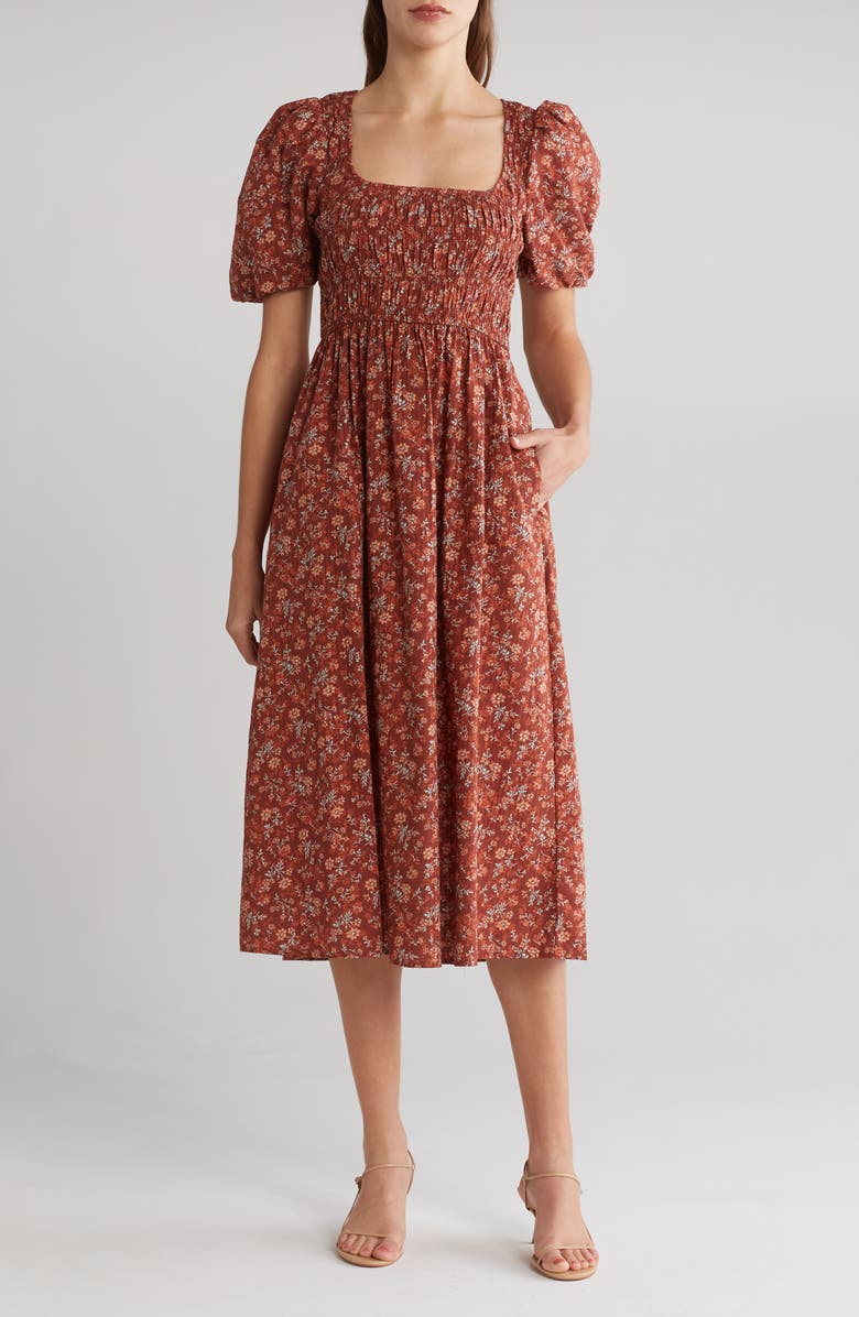 Madewell Harper Floral Print Smocked Cotton Midi Dress, Main, color,