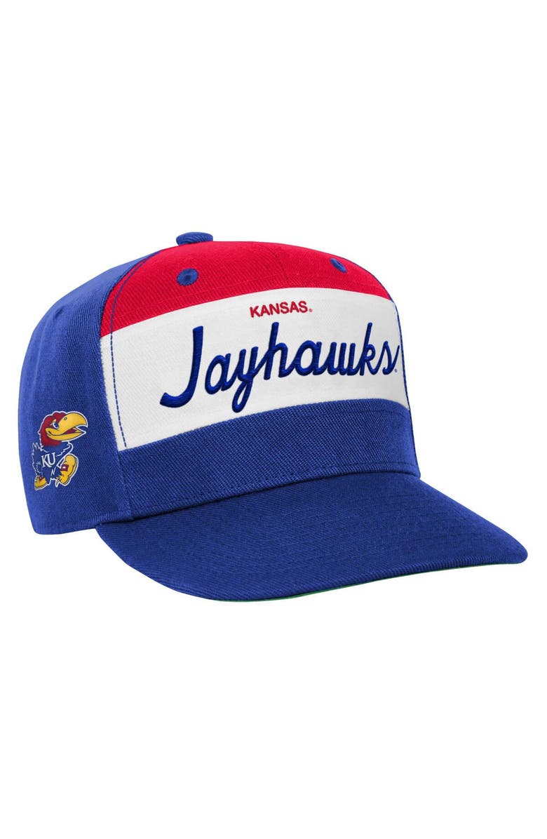 Mitchell & Ness Youth Mitchell & Ness White/Royal Kansas Jayhawks Retro Sport Color Block Script Snapback Hat, Main, color, 