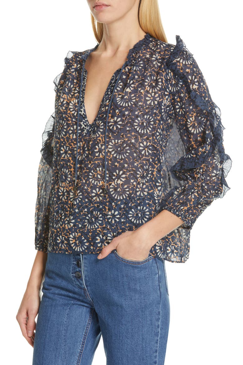 Lillian Ruffle Trim Blouse, Alternate, color, AZUL