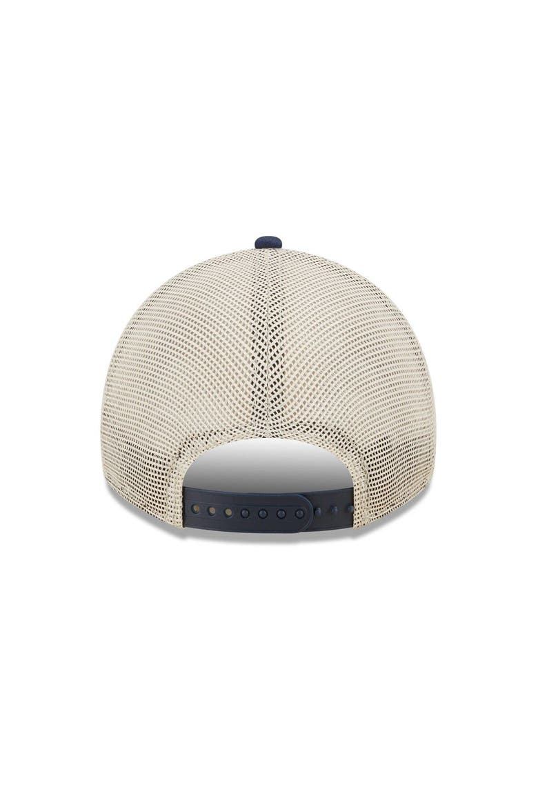Men's New Era  Navy/Natural New England Patriots  Devoted Trucker 9TWENTY Snapback Hat, Alternate, color, Navy