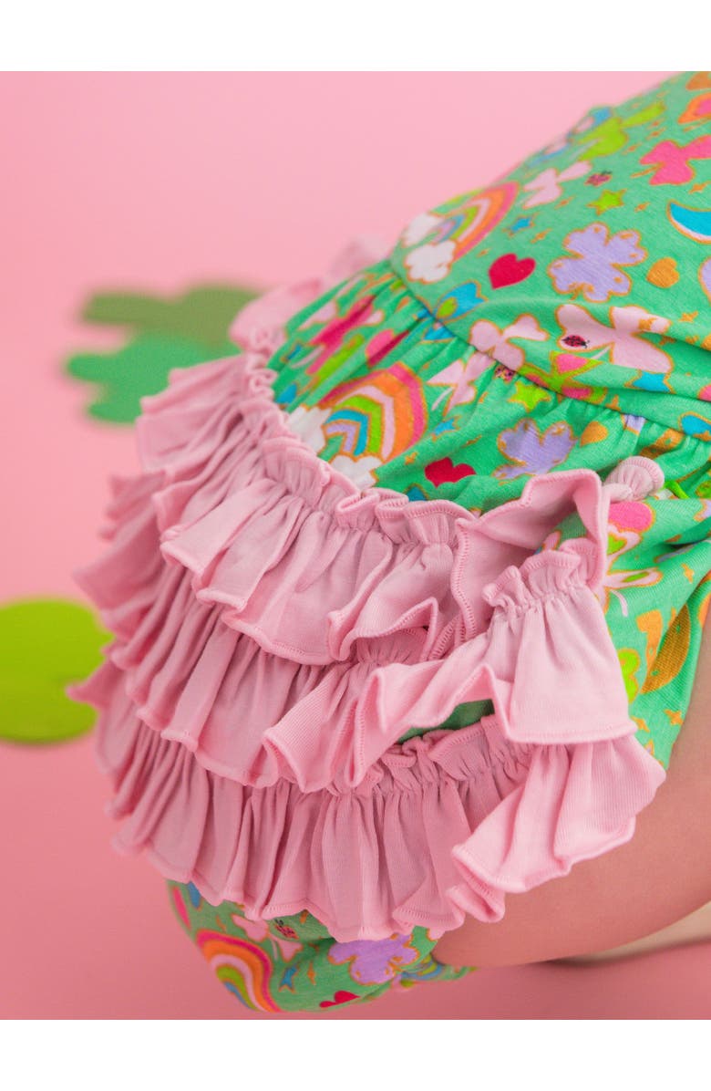 RuffleButts Knit Short Sleeve Bow Bubble Romper, Alternate, color, Green Lucky Day