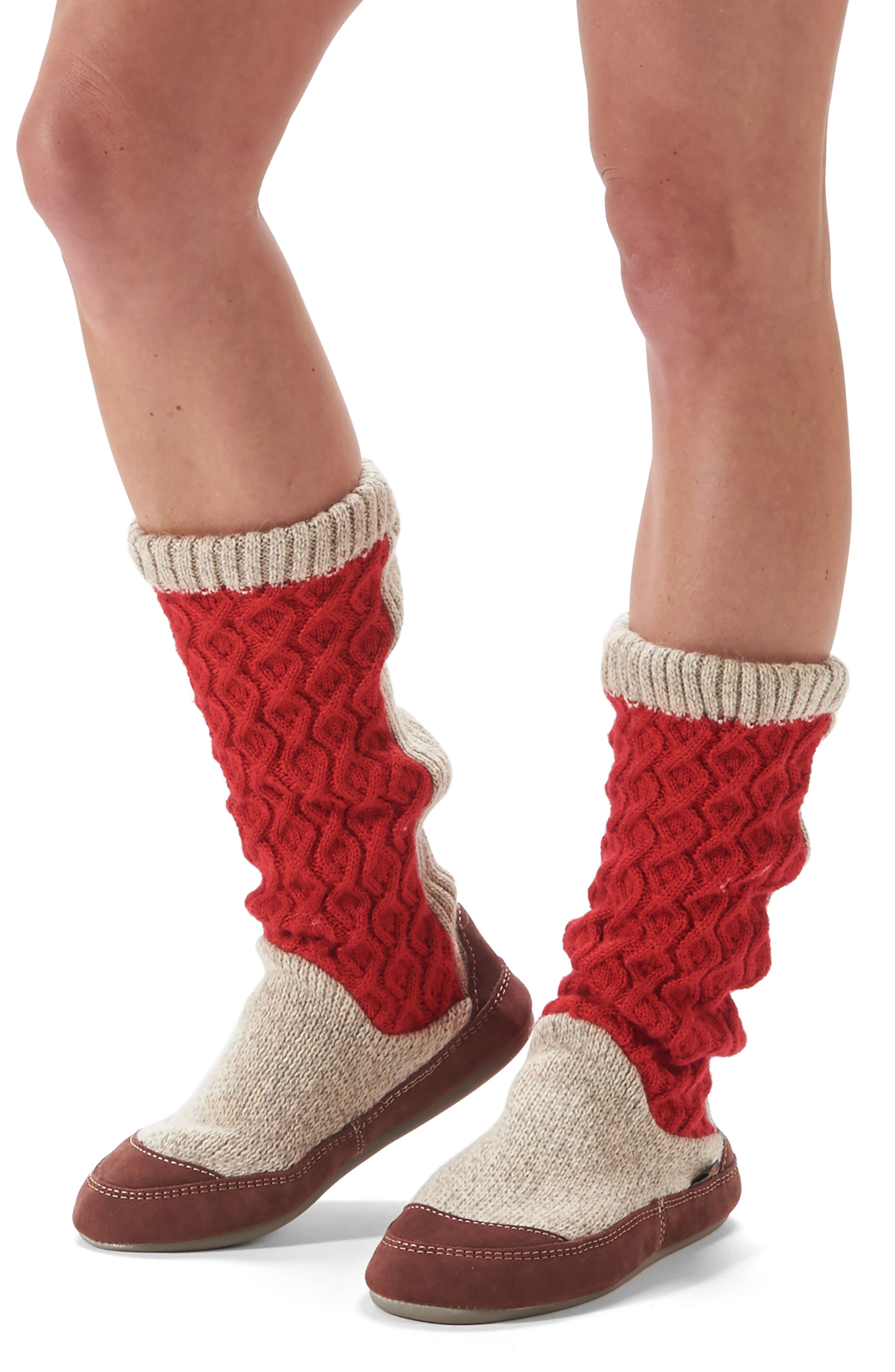 Slouch Slipper Boot, Alternate, color, RED CABLE FABRIC