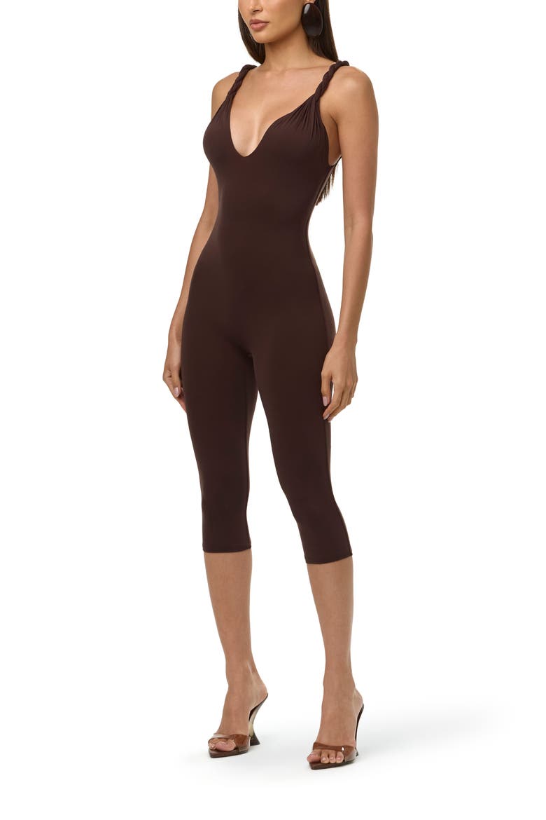 Deep Plunge Capri Jumpsuit, Alternate, color, DARK CHOCOLATE