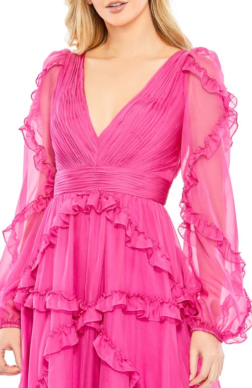 Mac Duggal Cascade Ruffle Long Sleeve A-line Gown In Fuchsia