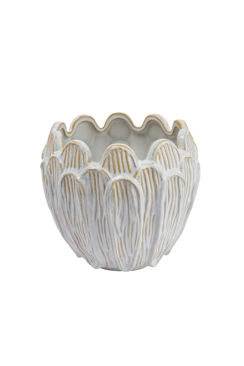 Debossed Stoneware Flower Shaped Planter in Reactive Glaze, Cream, Main, color, Cream