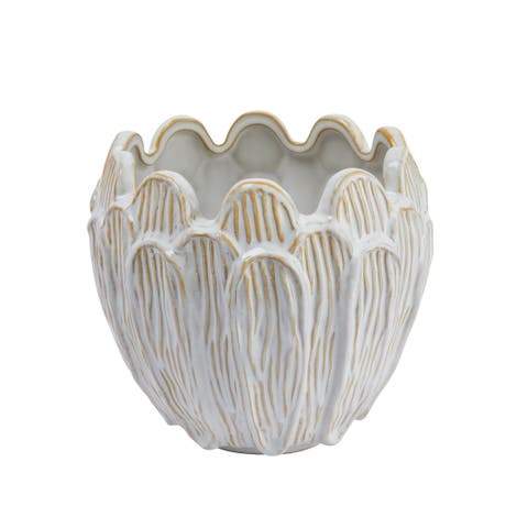 Debossed Stoneware Flower Shaped Planter in Reactive Glaze, Cream
