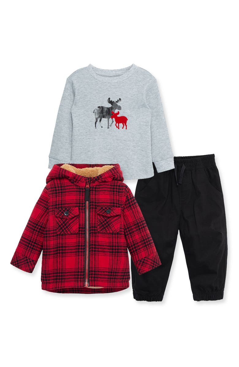 Little Me Plaid Zip-Up Hooded Jacket, Long Sleeve Shirt & Joggers Set, Main, color, 