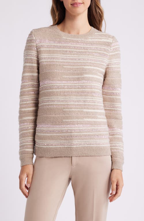 Anne Klein Sequin Stripe Crewneck Sweater in Latte Multi 