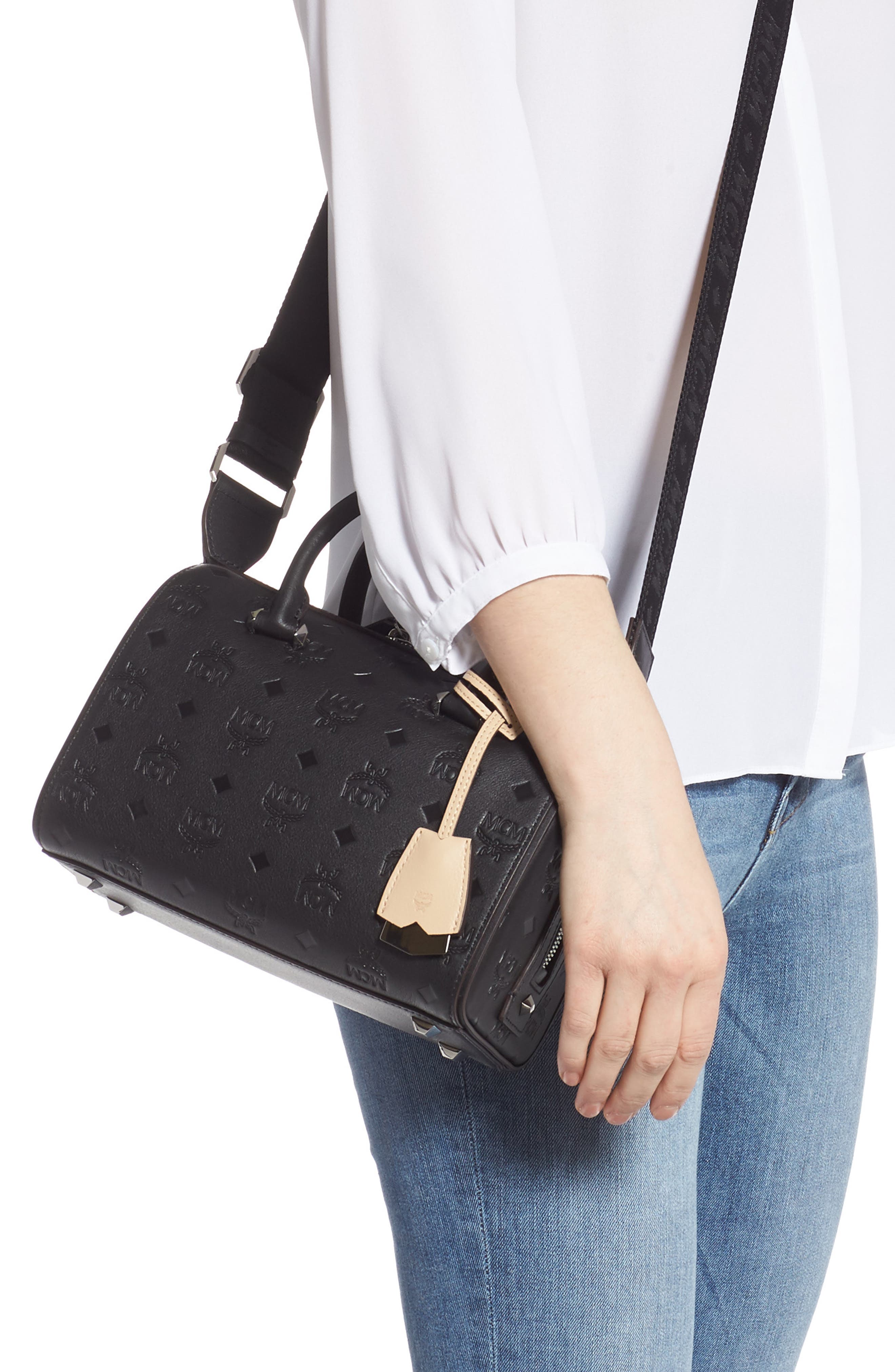 MCM Essential Monogram Leather Satchel, Alternate, color, 