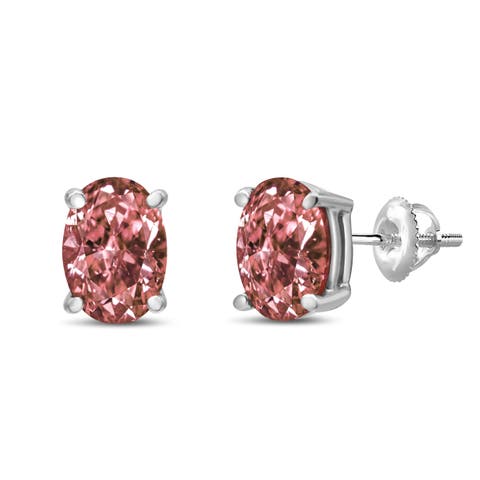 14K White Gold 1.0 Ct Lab Grown Pink Oval Diamond Solitaire Stud Earrings