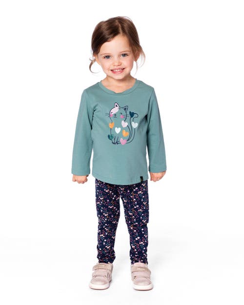 Deux Par Deux Organic Cotton T-shirt With Cat In Green