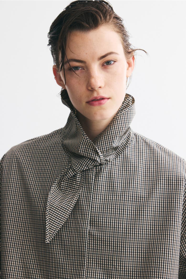 Scarf-collar Bubble-hem Jacket, Alternate, color, Taupe/checked
