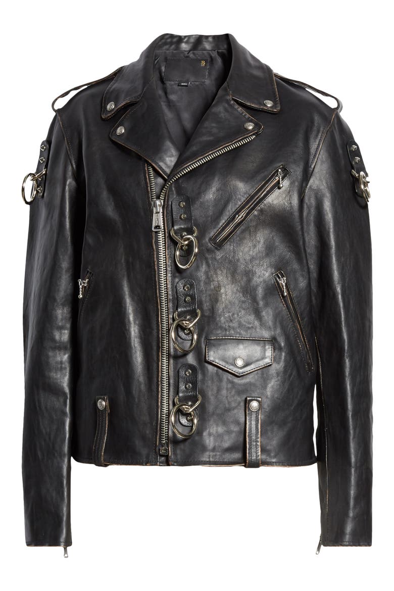 Ring Detail Refurbished Leather Moto Jacket, Alternate, color, BLACK