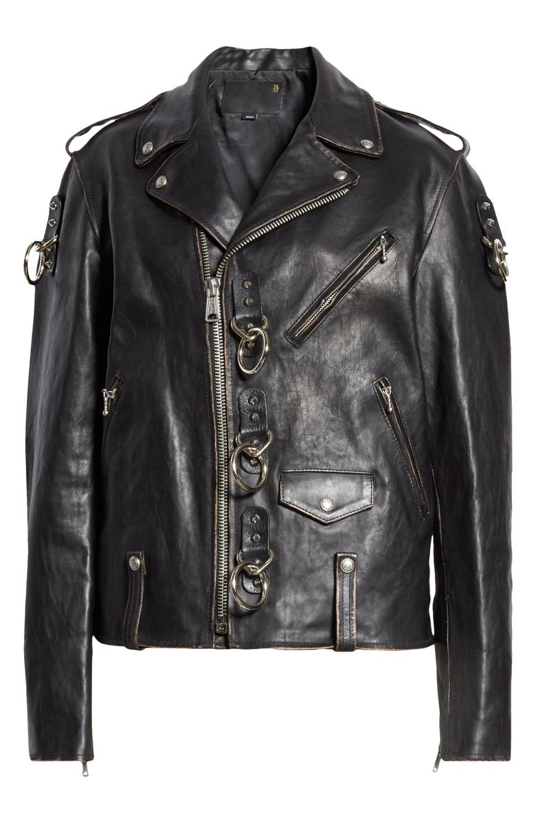 R13 Ring Detail Refurbished Leather Moto Jacket, Alternate, color,