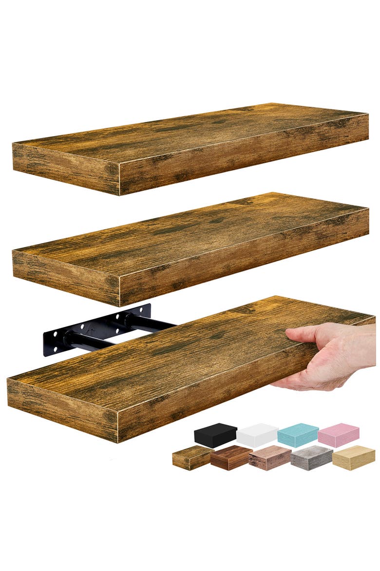 Set of 3 Floating Wall Shelves, Alternate, color, BROWN
