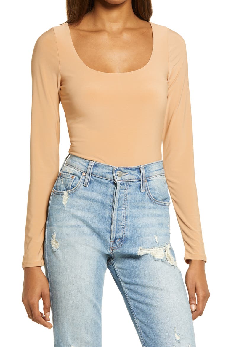 Double Scoop Long Sleeve Thong Bodysuit, Main, color, TAN BIRCH