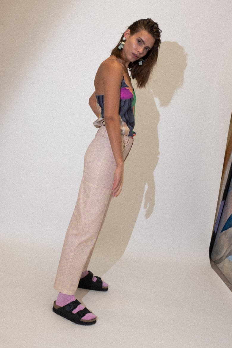 Pierot Straight-Leg Checkered Jeans, Alternate, color, Pink Check