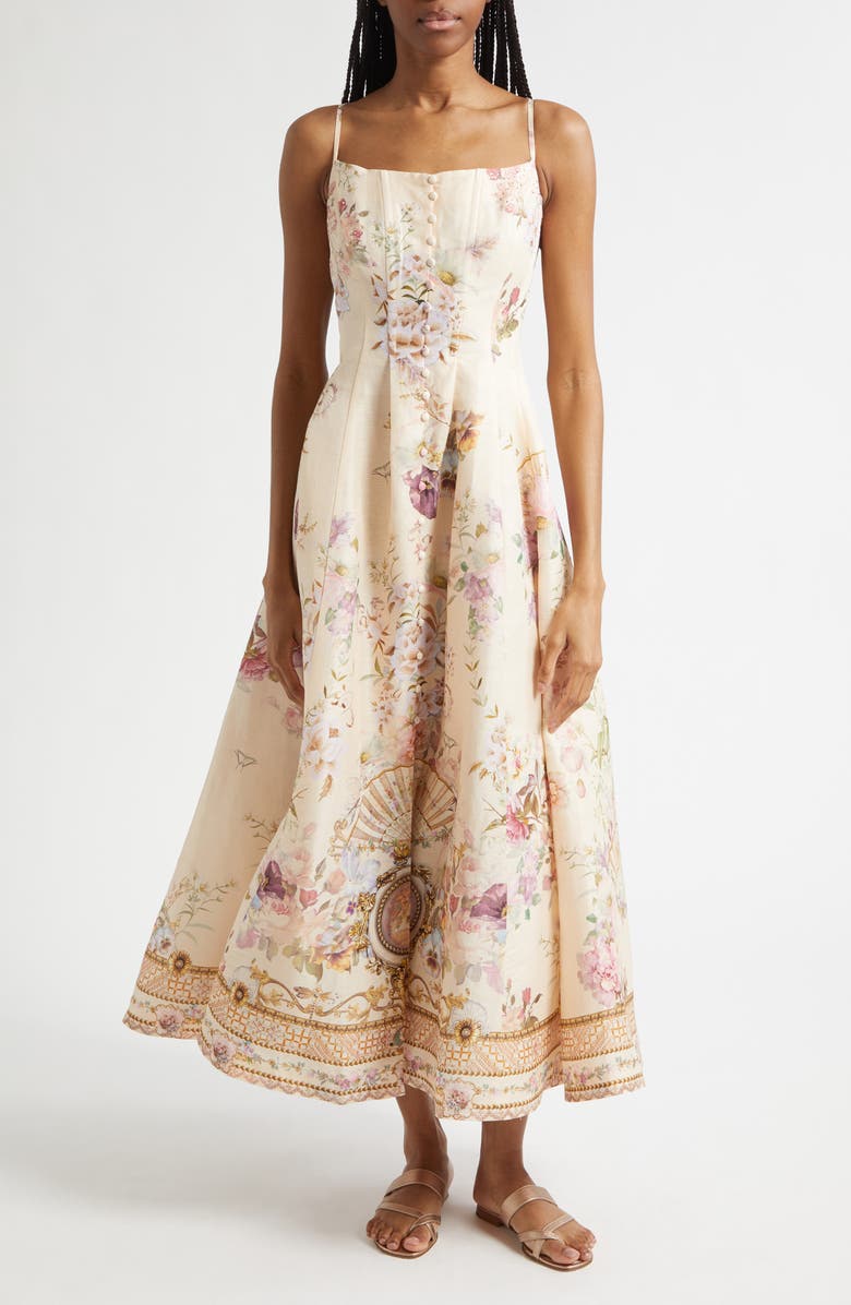 Camilla Corset Linen & Silk Twill Fit & Flare Dress, Main, color, Adorned In Aranjuez