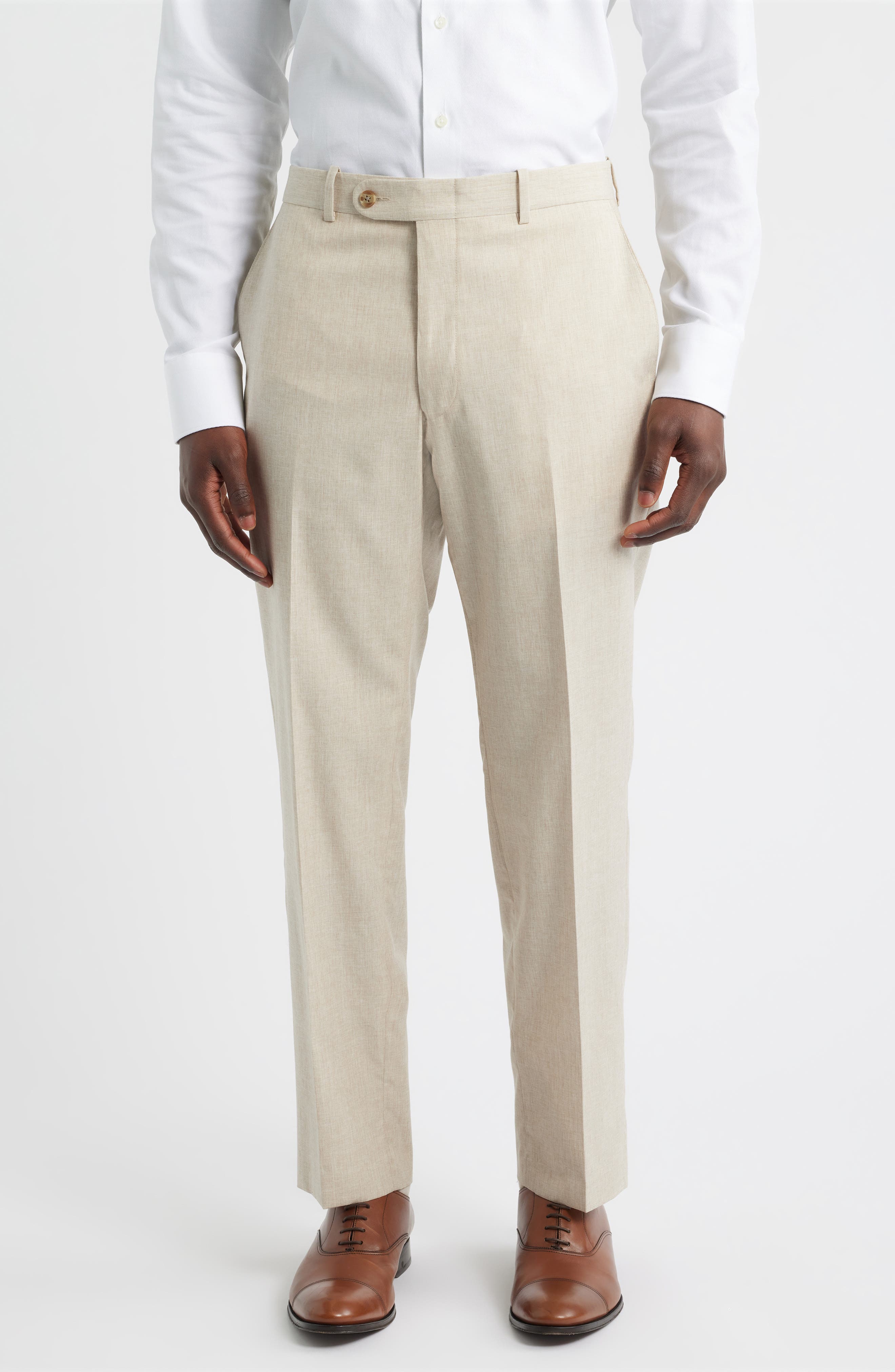 Harker Flat Front Light Tan Wool & Cotton Melange Dress Pants