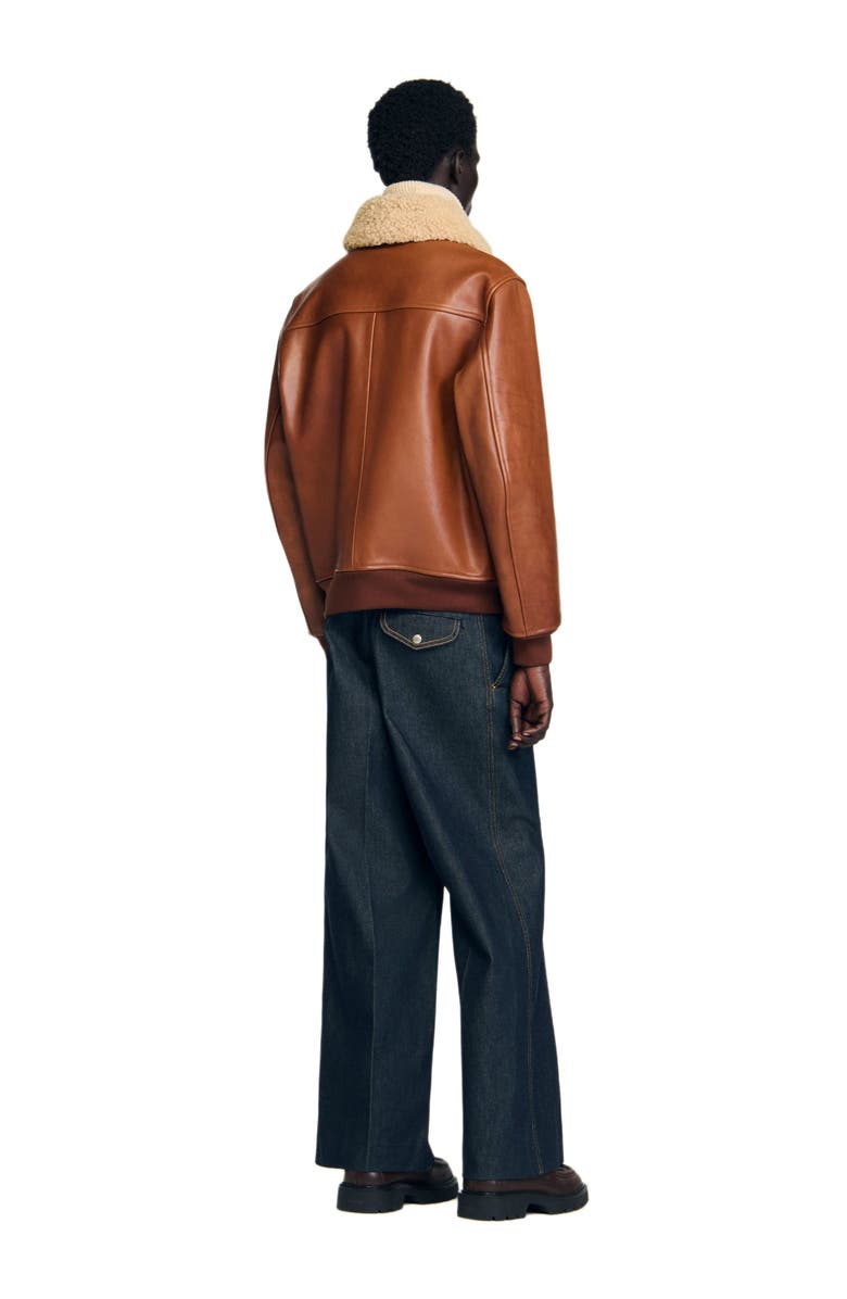 SANDRO Leather jacket with fur collar, Alternate, color, Cognac