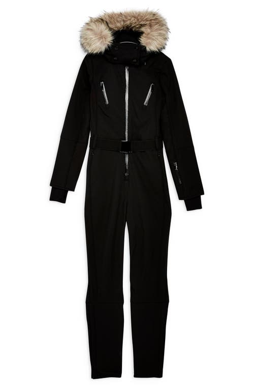 Topshop Faux Fur Trim Snowsuit In Black