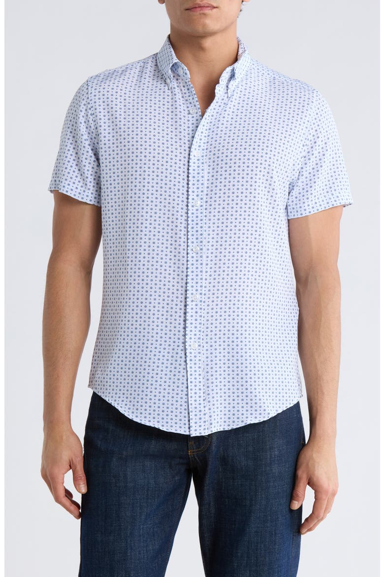 Dressy Tech Geometric Print Short Sleeve Button-Up Shirt, Main, color, WHITE