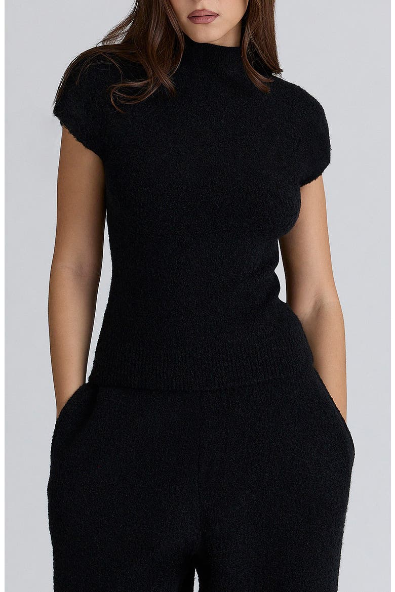 Caia Mock Neck Cap Sleeve Bouclé Sweater, Main, color, BLACK