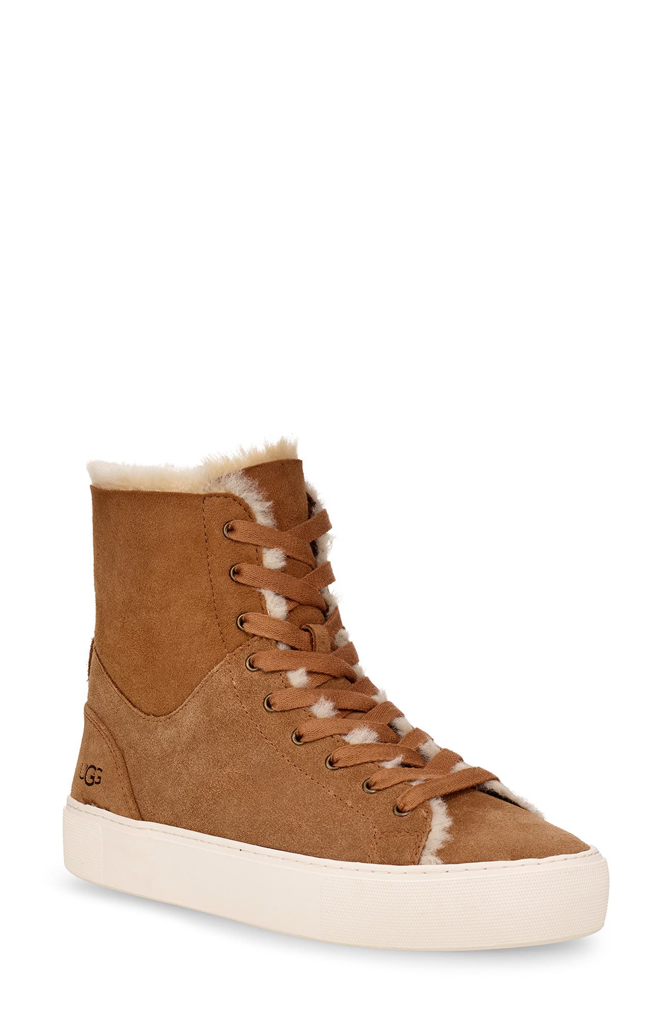 Beven Genuine Shearling High Top Sneaker, Main, color, CHESTNUT SUEDE