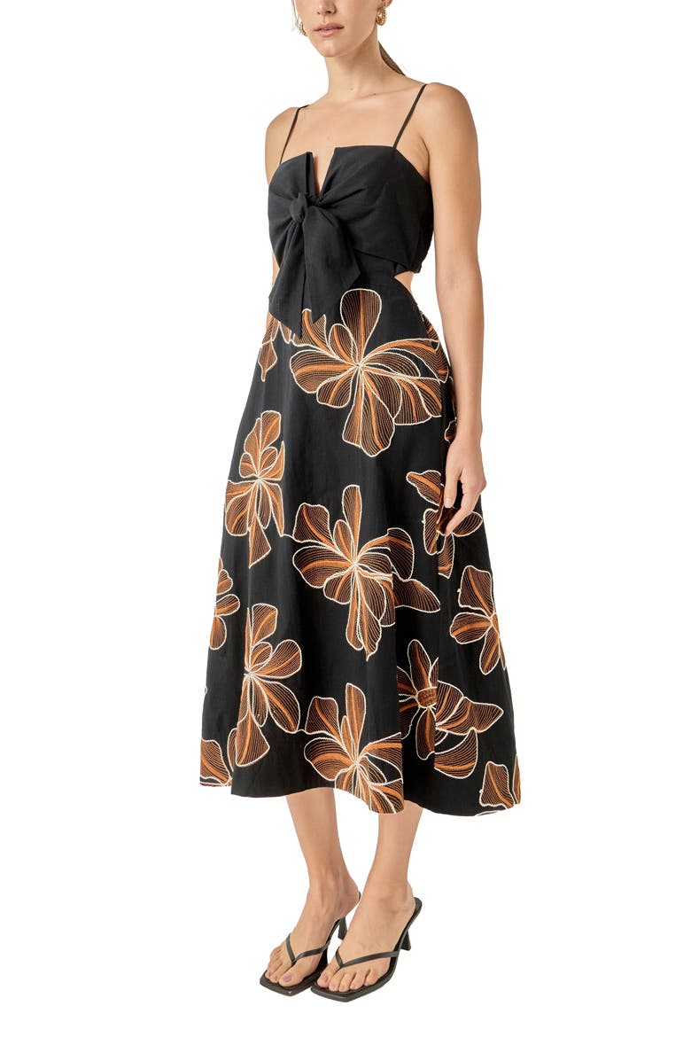 Embroidered Sleeveless Midi Dress, Alternate, color, BLACK/ ORANGE