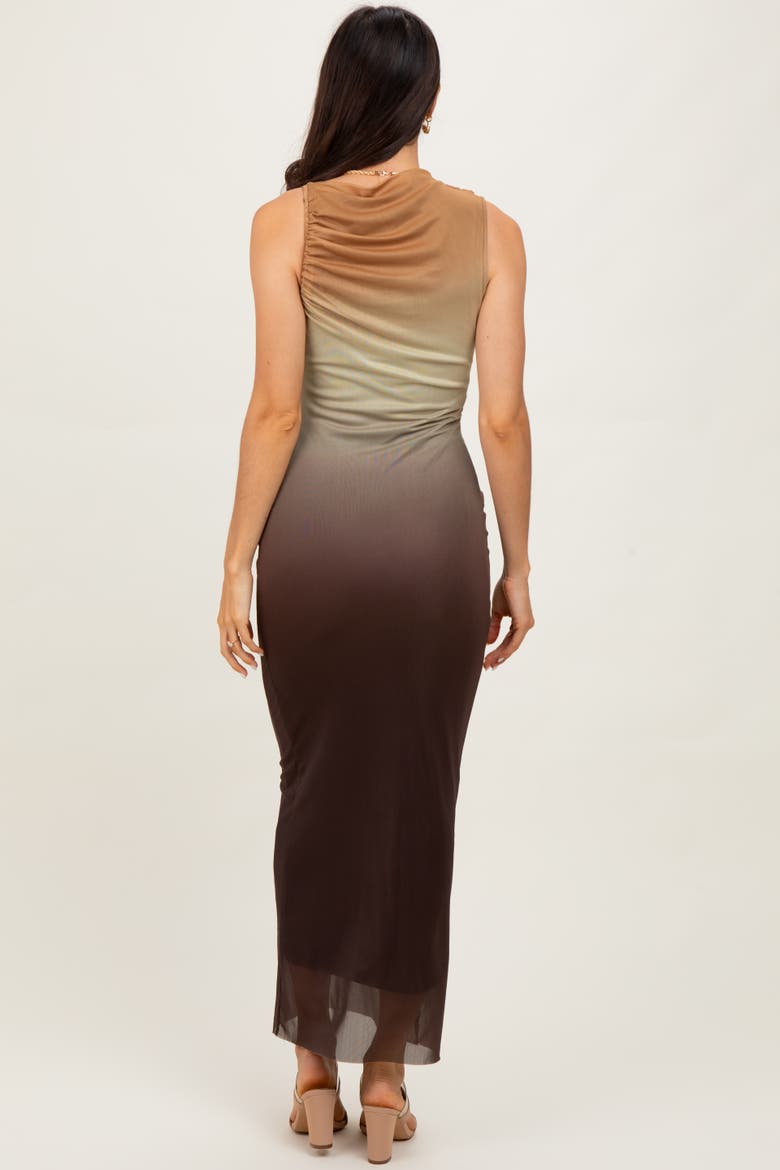 Ombre Mesh Ruched Sleeveless Midi Dress, Alternate, color, Brown
