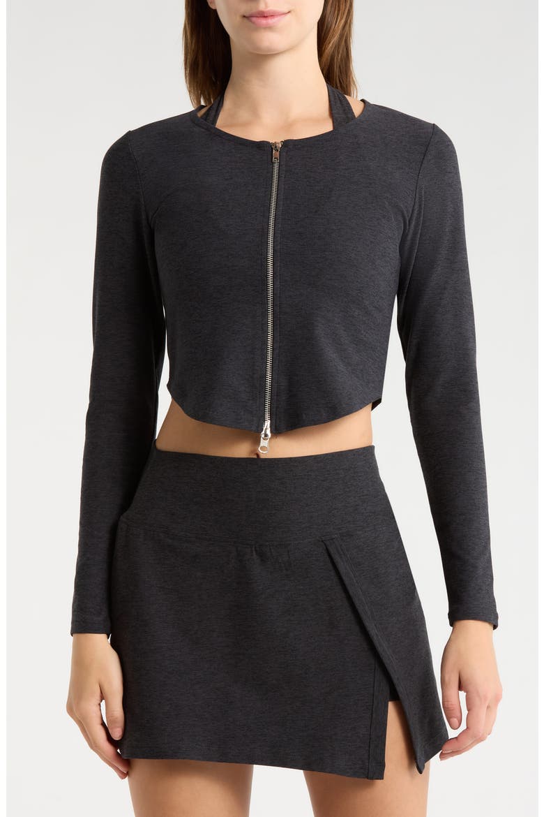 Stretch Zip Up Cardigan, Alternate, color, HEATHER BLACK