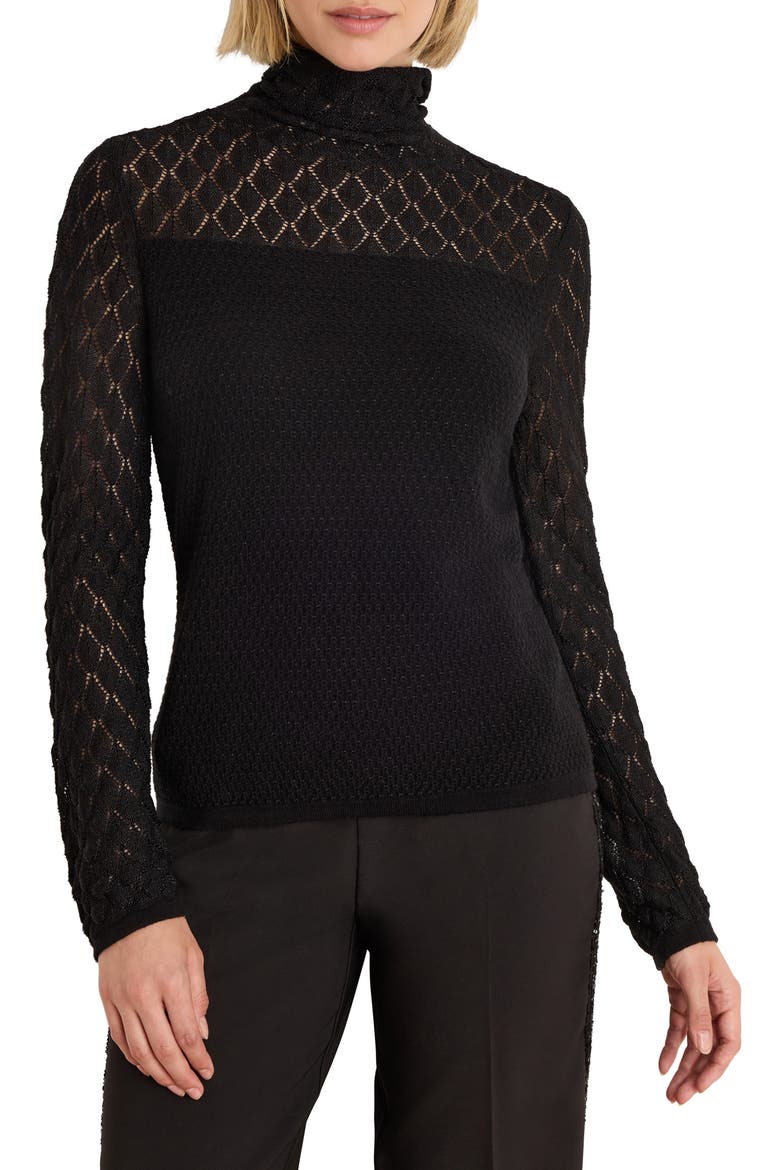 Knit Lace Funnel Neck Sweater, Main, color, BLACK ONYX