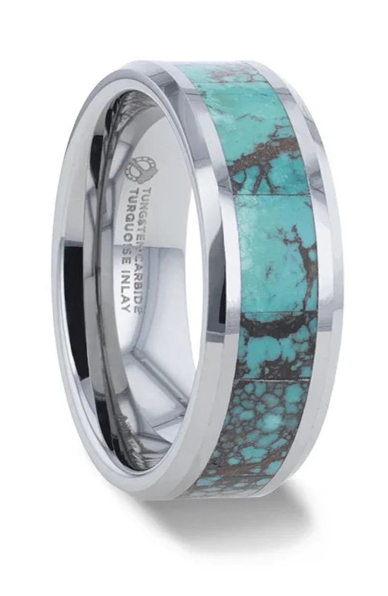 Larson Jewelers Turkis Spider Web Inlay Tungsten Carbide Ring, Alternate, color, Turquoise Inlay