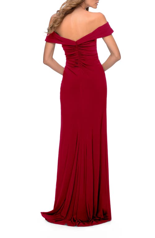 La Femme Off The Shoulder Fully Ruched Floor Length Gown In Red