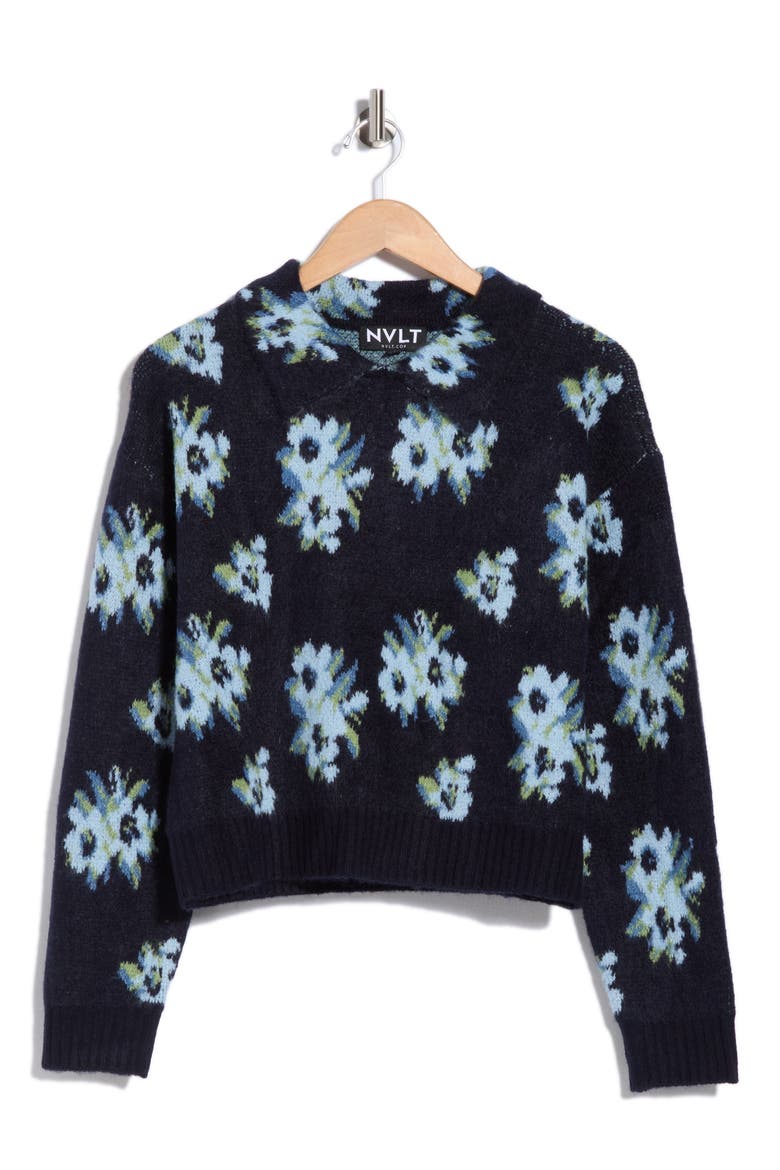 Floral Jacquard Collared Sweater, Alternate, color, NAVY/ BLUE FLORAL