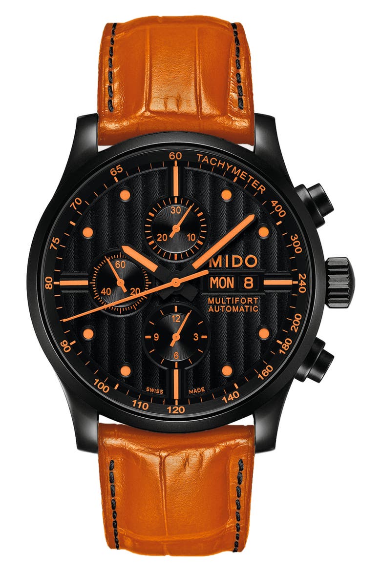 Multifort Automatic Chronograph Leather Strap Watch, 44mm, Alternate, color, BLACK/ ORANGE